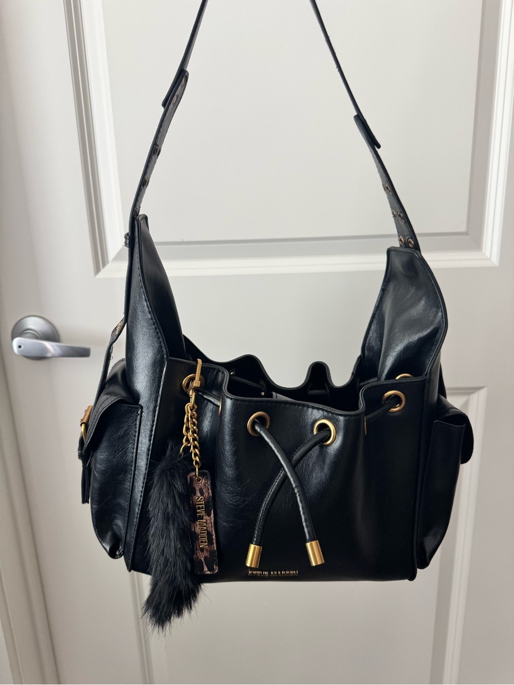 Steve Madden Black Leather Drawstring Shoulder Bag with Gold Hardware